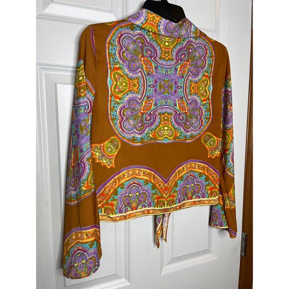 Rachel Zoe XS V Neck Goldish Brown Purple Geometric Print Blouse - Picture 3 of 7